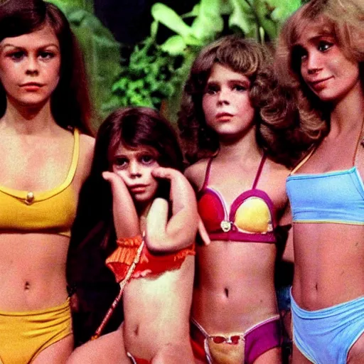 Prompt: still from 1978 live-action children's tv show about a bikini model who enters an eyeball cult color