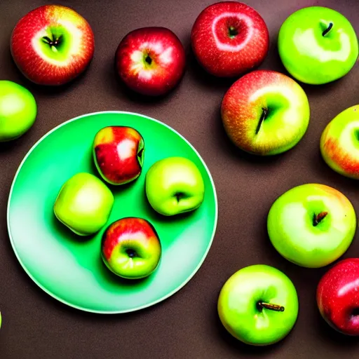 Prompt: a green plate with realistic looking apples which rainbow colors, background is white, studio quality
