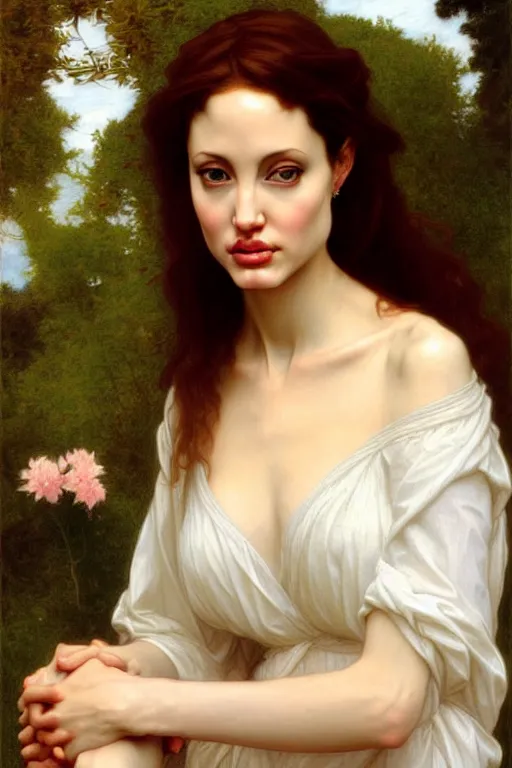 Image similar to angeline jolie, painting by rossetti bouguereau, detailed art, artstation