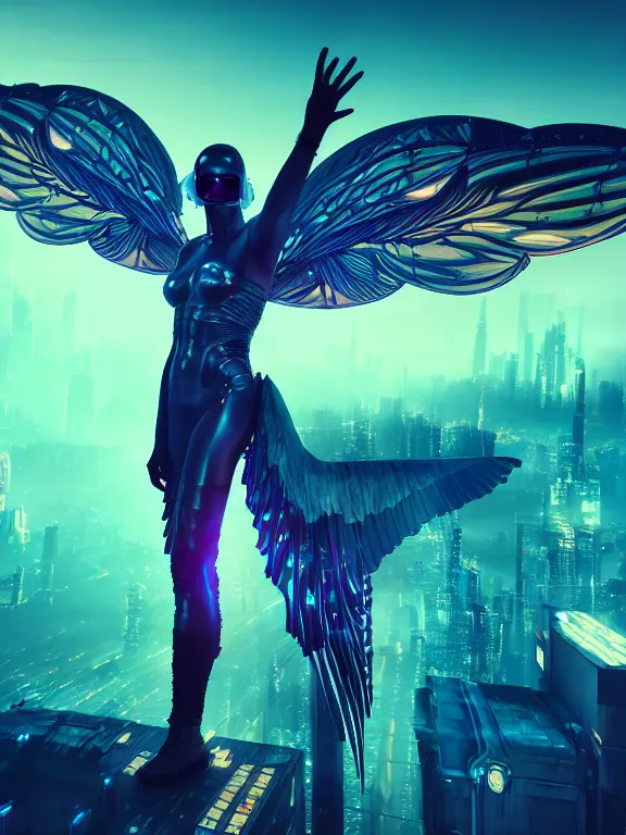 Image similar to cyberpunk, icarus, fractal, neon lights, large pair of wings, futuristic city, cinematic, sunlight, ultra realistic, octane render, alphonse mucha, artgerm, character concept, very detailed, elegant, lonely atmosphere