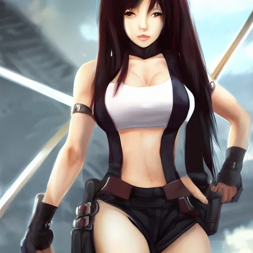 Image similar to head to toe shot of tifa lockhart by WLOP, rossdraws, Logan Cure, Mingchen Shen, BangkuART, sakimichan, yan gisuka, JeonSeok Lee, zeronis, Chengwei Pan on artstation