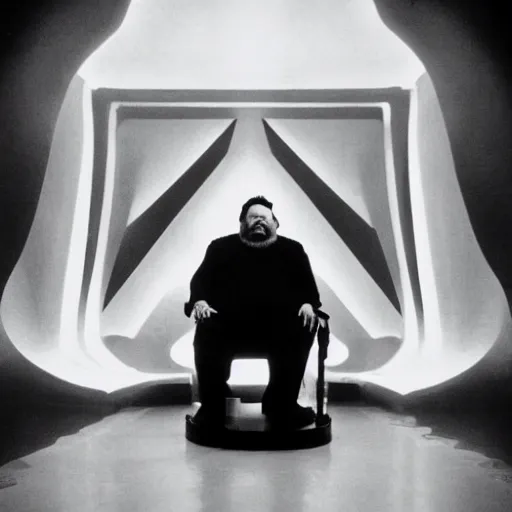 Image similar to chunky orson welles sitting on a dark throne, in an alien room by hans giger, movie by denis villeneuve, lubezki, gaspar noe and alejandro jodorowsky, anamorphic lens, anamorphic lens flares, kodakchrome, cinematic composition, practical effects, award winning photo, 8 k