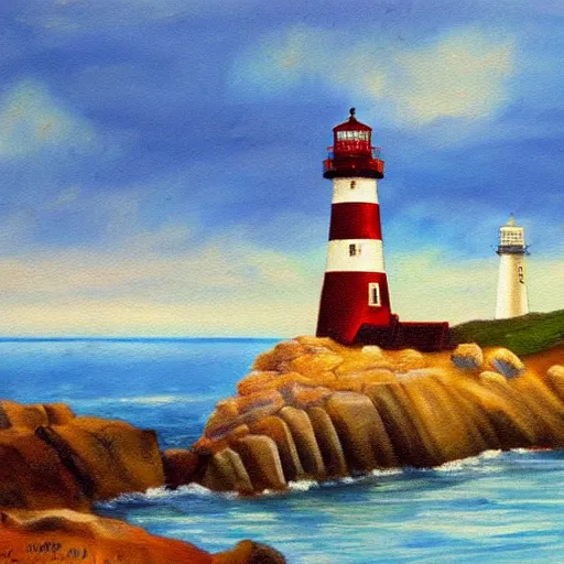 Image similar to painting of a coastal landscape with a lighthouse, by Aleksander Rostov