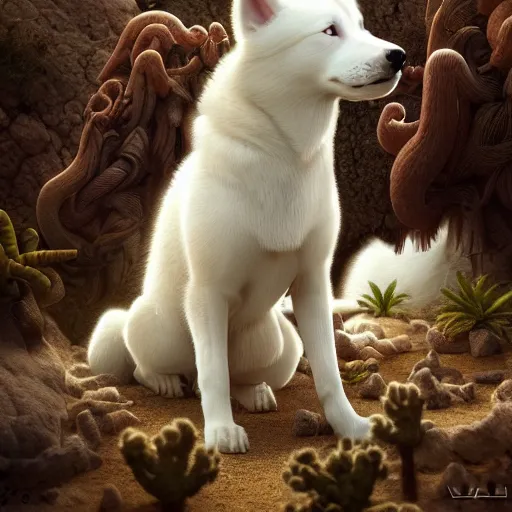 Image similar to white alaskan husky puppy creature in a desert lush oasis, warm tones : : by guillermo del toro, daniel merriam, victo ngai and michal karcz : : ornate, dynamic, particulate, intricate, elegant, highly detailed, centered, artstation, smooth, sharp focus, octane render