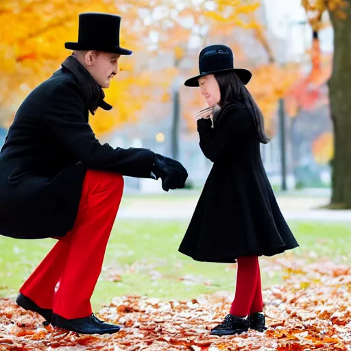 Image similar to A thin man in a black coat and bowler hat talks with small young girl dressed in a red coat and a red hat, park, autumn, Berlin, in style of valentine aerobics, wide angle, high detail, width 768