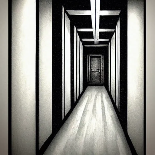 Image similar to “A creepy bright white hallway with many doors by Junji Ito, detailed background”