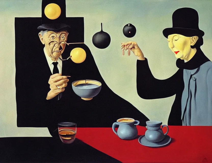Prompt: a painting of a strange dusty professor in black suite and hat and a old woman making a study of drinking ten cups of black coffee in five seconds in a kitchen that is melting dali, styled by rene magritte