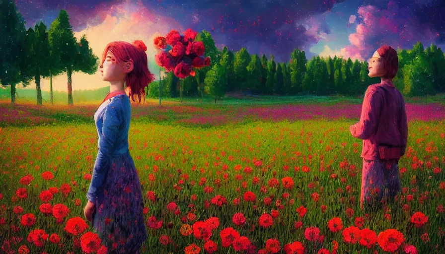 Image similar to girl with a giant flower face, surreal photography, dream, standing in flower field, hills, big trees, sunrise dramatic light, impressionist painting, colorful clouds, digital painting, pointillism, artstation, simon stalenhag, flower face