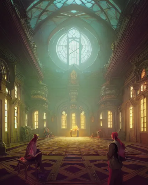 Image similar to highly detailed surreal vfx great hall, stephen bliss, unreal engine, greg rutkowski, loish, rhads, beeple, makoto shinkai and lois van baarle, ilya kuvshinov, rossdraws, tom bagshaw, alphonse mucha, global illumination, detailed and intricate environment