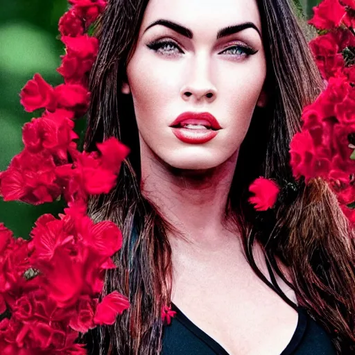 Prompt: “Megan Fox Red composed of flowers, ultra detailed portrait, 4k resolution”