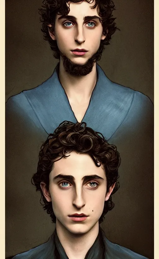 Image similar to beautiful paul atreides timothee chalamet with a three day beard, emperor of the known universe, completely blue eyes, perfect dramatic and dark portrait insanely detailed, concept art, deep focus, intricate, highly detailed, digital painting, artstation, matte, sharp focus, illustration, art by greg rutkowski and alphonse mucha, low angle, dominant eye