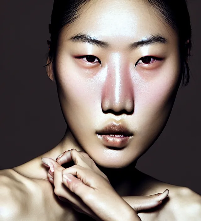 Image similar to photography facial portrait of liu wen, natural background, sensual lighting, natural fragile pose, wearing stunning cloth creation by iris van herpen, with a colorfull makeup. highly detailed, skin grain detail, photography by paolo roversi, nick knight, helmut newton, avedon, araki