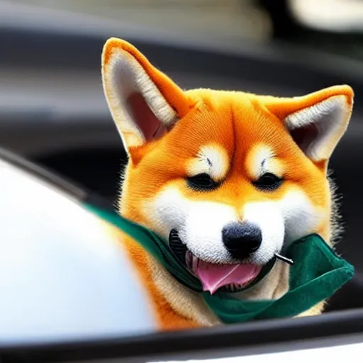 Prompt: shiba inu with a cigar in mouth inside a toyota supra