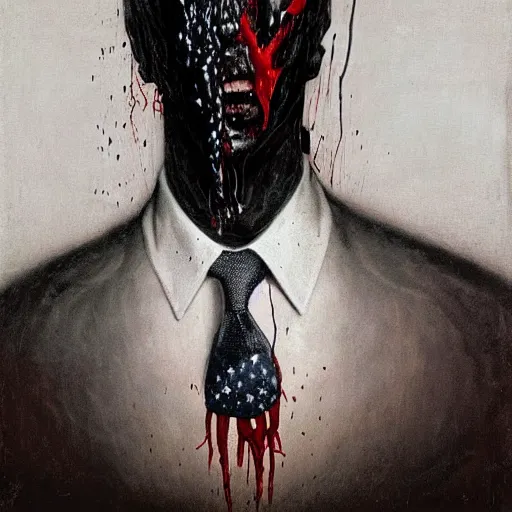 Image similar to presidential portrait of joe biden with oily black fluid pouring from mouth and nose as slenderman, medical diagram by beksinski, jon mcnaughton, and stephen gammell