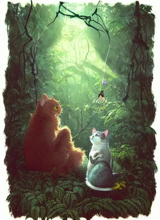 Image similar to a cat with happy lighting and technology jewelry in the woods gorgeous lighting, sunbeams blue sky, lush forest foliage painting by chiara bautista and beksinski and norman rockwell and greg rutkowski weta studio, and lucasfilm