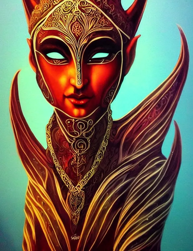 Image similar to elven masked deity. this air brush painting by an indie artist has an interesting color scheme, plenty of details and impeccable lighting.