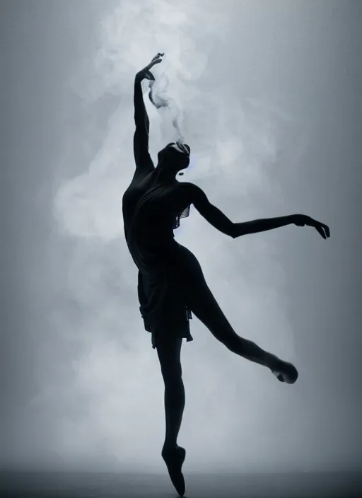 Image similar to a photorealistic dramatic hyperrealistic render of a glamorous beautiful female smoke dancer by ken brower and deborah ory of nyc dance project, lois greenfield, flowing cloth and smoke, beautiful dynamic dramatic dark moody lighting, volumetric, shadows, cinematic atmosphere, octane render, 8 k