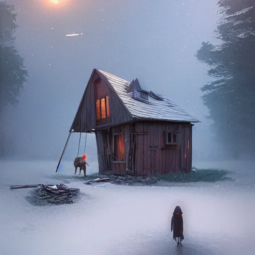 Image similar to woman leaving her wooden broken house by simon stålenhag, very highly detailed, award winning, rendered by Beeple, by Makoto Shinkai, syd meade, starwars, space art concept, digital art, unreal engine, blender, WLOP, trending on artstation, 4K UHD image, octane render