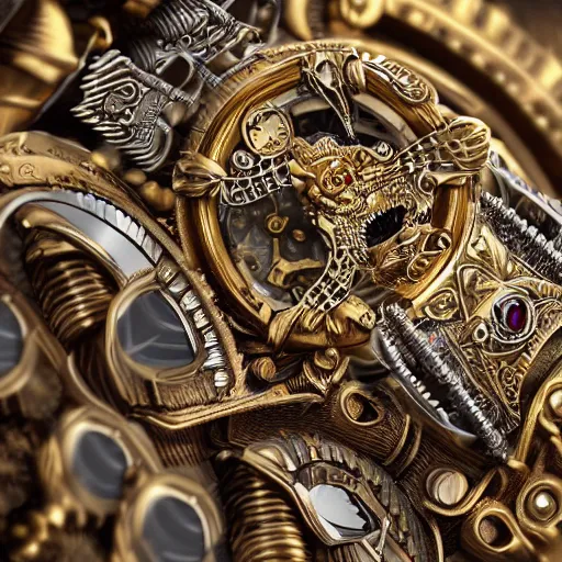 Image similar to A steampunk roaring tiger made from ornate engraved full plate armor and watch gears and several jewels, macro shot by Justin Gerard, unreal engine, detailed, intricate, physically based rendering