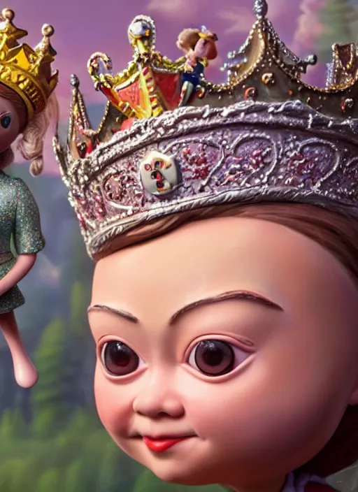 Image similar to highly detailed closeup, face profile portrait of greta thunberg as a tin toy fairytale princess wearing a crown eating cakes, bikini, unreal engine, nicoletta ceccoli, mark ryden, earl norem, lostfish, global illumination, detailed and intricate environment