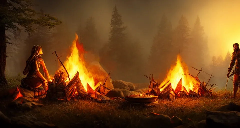 Image similar to an epic fantasy adventurer's tent left alone with a smoldering camp fire, 4 k, extremely detailed. award winning, trending on artstation, 8 k, ultra wide angle