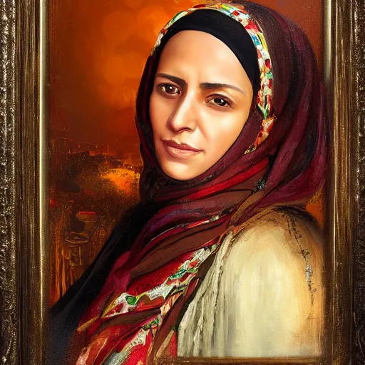 Prompt: portrait of an yemeni woman ( 3 5 ) from yemen in 2 0 2 1, an oil painting by ross tran and thomas kincade