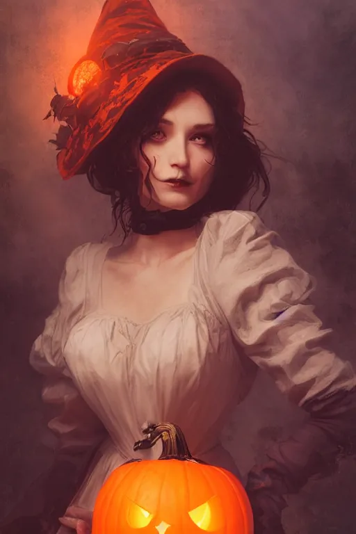 Prompt: portrait of a beautiful victorian witch holding a jack - o - lantern, halloween night, charlie bowater, artgerm, ilya kuvshinov, krenz cushart, ruan jia, realism, ultra detailed, 8 k resolution