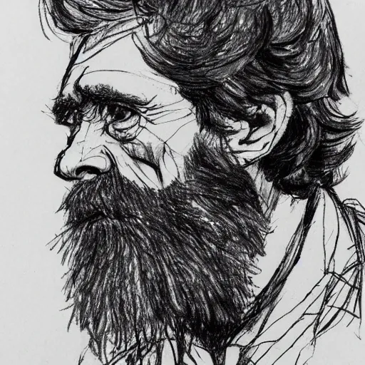 Image similar to a realistic yet scraggly portrait sketch of the side profile of a stern and sophisticated willem dafoe with a beard, trending on artstation, intricate details, in the style of frank auerbach, in the style of sergio aragones, in the style of martin ansin, in the style of david aja, in the style of mattias adolfsson