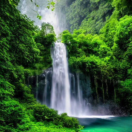 Image similar to a large waterfall surrounded by lush green trees, a matte painting by maud naftel, shutterstock contest winner, naturalism, photo taken with ektachrome, creative commons attribution, high dynamic range