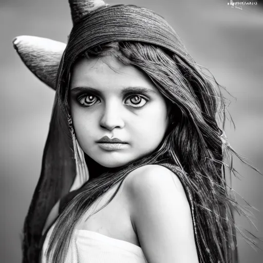 Image similar to stunning portrait photography of young beautiful witch princess from national geographic award winning, dramatic lighting, taken with canon 5d mk4, sigma art lens, monochrome