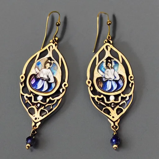 Prompt: highly detailed artnouveau earrings with porcelain ornaments