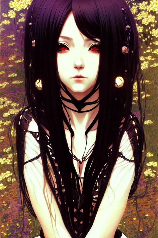 Image similar to portrait of beautiful young gothic anime maiden, cute-fine-face, pretty face, realistic shaded Perfect face, fine details. Anime, cyberpunk, Warhammer, highly detailed, artstation, illustration, art by Ilya Kuvshinov and Gustav Klimt