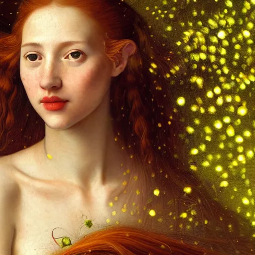 Image similar to portrait of happy a young woman, among the lights of golden fireflies and nature, long loose red hair, intricate details, bright green eyes, freckles on the nose, round gentle face, intricate dress, deep focus, smooth, sharp, golden ratio, hyper realistic digital art by artemisia lomi gentileschi and caravaggio, full body dreamy art