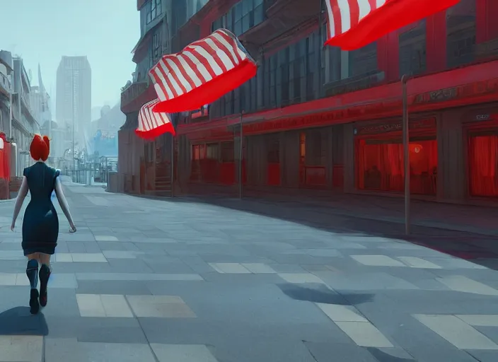 Prompt: inspiring beautiful girl carrying a red propaganda flag walking through beautiful futuristic city by Edward Hopper and Dan Mumford, Unreal Engine 5, Lumen, Nanite