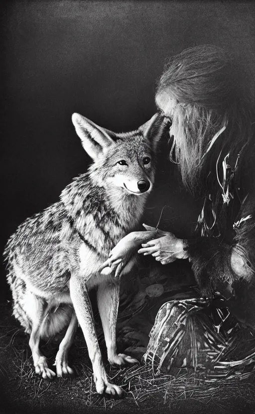 Image similar to Award winning Editorial photo of a Iroquois Native petting a wild coyote by Edward Sherriff Curtis and Lee Jeffries, 85mm ND 5, perfect lighting, gelatin silver process