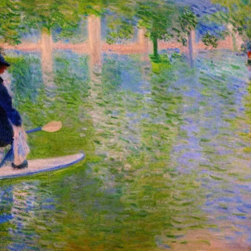 Image similar to An art gallery displaying Monet paintings. The art gallery is flooded. Robots are going around the art gallery using paddle boards