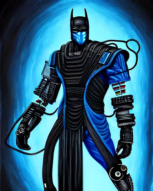 Image similar to detailed painting of cyberpunk mechanical wires subzero from mortal kombat mixed with batman