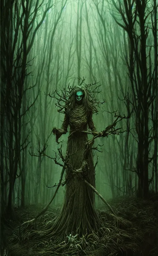 Image similar to a witch in an ominous forest, cinematic lighting, at night, highly detailed, symmetric, concept art, masterpiece, fantasy art, hyperdetailed, hyperrealism, saturated colors, art by zdzistaw beksinski, arthur rackham, dariusz zawadzki, larry elmore