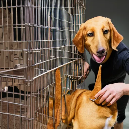 Image similar to dog giving food to a caged human, an ultra high definition professional studio quality photograph, 4 k, trending on artstation.