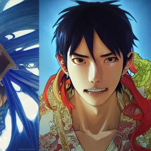 Image similar to highly detailed vfx portrait of kaido by eiichiro oda, makoto shinkai, alphonse mucha, sharp focus, art by artgerm and greg rutkowski!, backlit, harsh overhead sunlight, blue eyes, stanley kybric, takeshi obata, kaoru mori, pixiv, fanbox,