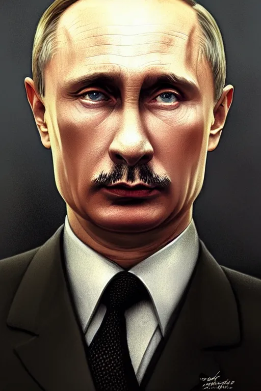 Image similar to vladimir putin as hitler, realistic portrait, symmetrical, highly detailed, digital painting, artstation, concept art, smooth, sharp focus, illustration, cinematic lighting, art by artgerm and greg rutkowski and alphonse mucha