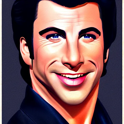 Prompt: a portrait of a beautiful John Travolta from Grease (1978), smiling, Edward Hopper style, clear eyes, illustration, soft lighting, soft details, painting oil on canvas, octane render, HDR, trending on artstation, 4k, 8k, HD