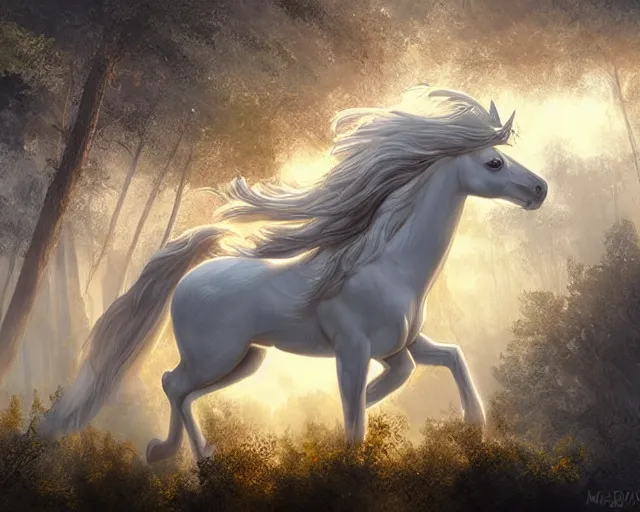 Image similar to white pegasus flying above forested mesas at sunrise, illustration, by ( kieran yanner ) ( miranda meeks ) ( anna podedworna ) ( cristi balanescu ), digital art