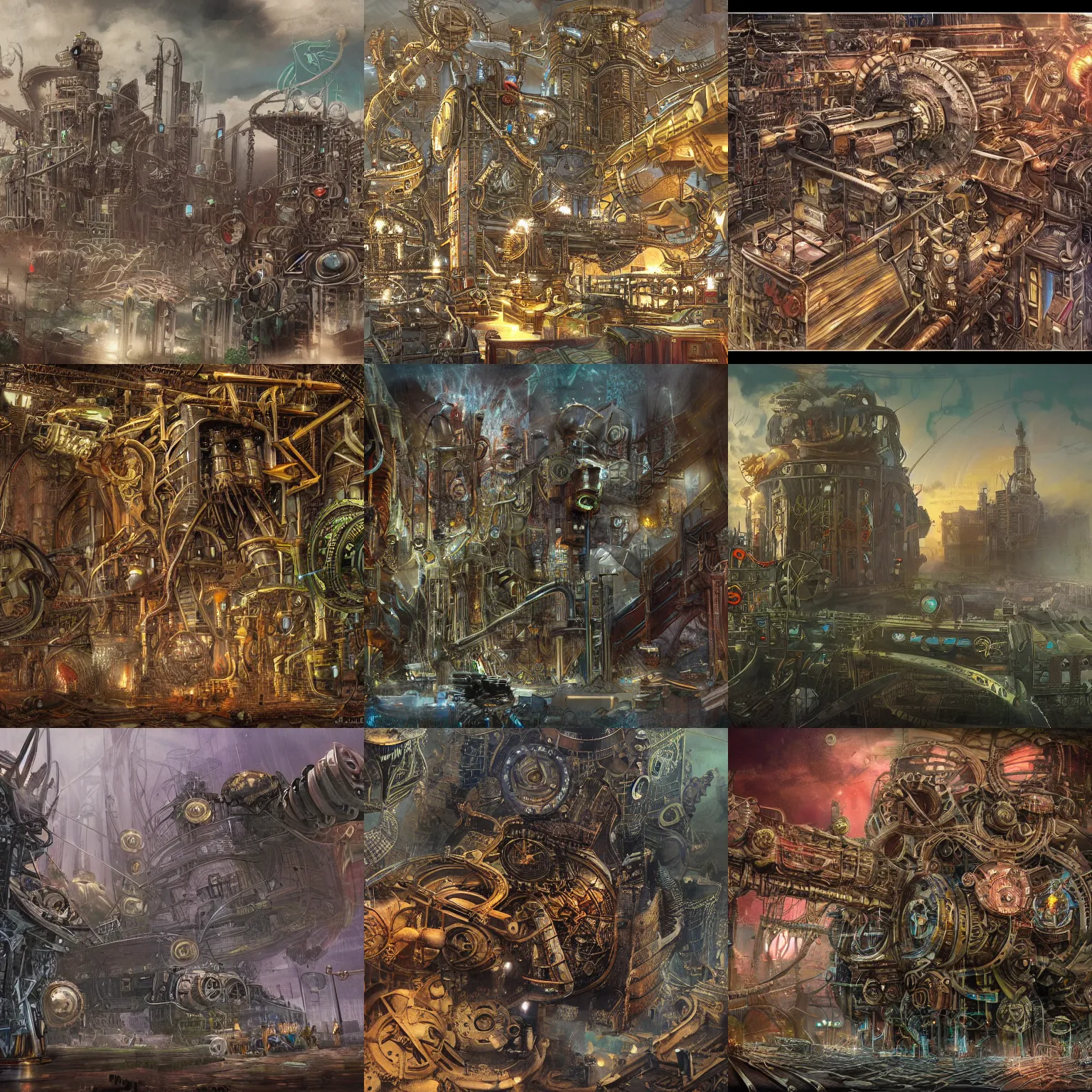 Image similar to enormous city-sized complicated steampunk machinery, psychedelic art, lovecraftian, epic, 4k, concept art, detailed