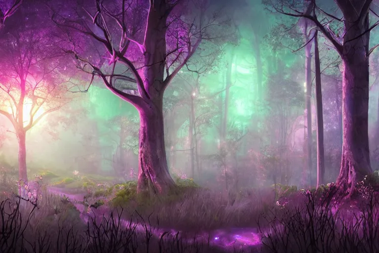 Image similar to ancient magical forest, tall purple and pink trees, moonlit, winding path lined with bioluminescent mushrooms, fireflies, pale blue fog, mysterious, eyes in the trees, cinematic lighting, photorealism