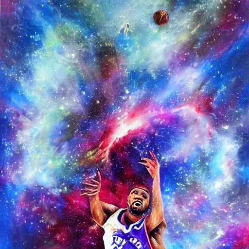 Image similar to An expressive oil painting of a basketball player dunking, depicted as an explosion of a nebula