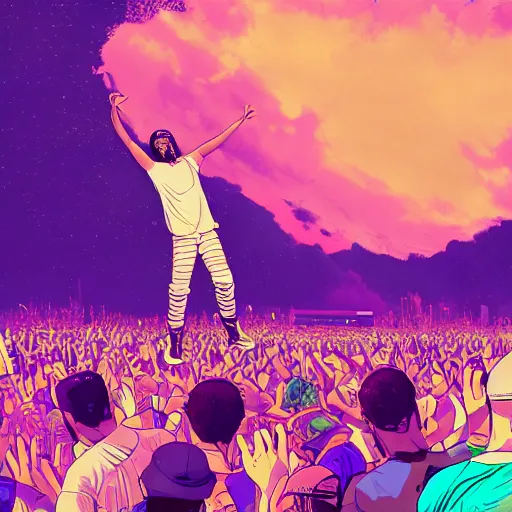 Image similar to rapper leaning over huge crowd reaching up to him, digital art, vapor wave, hip hop, trending on Artstation, professional artist, detailed, 4k