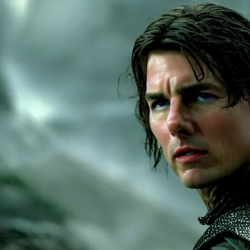 Prompt: tom cruise as aragon in lord of the rings, 4 k, epic, cinematic, focus, movie still, fantasy, serious, extreme detail, atmospheric, dark colour, sharp focus