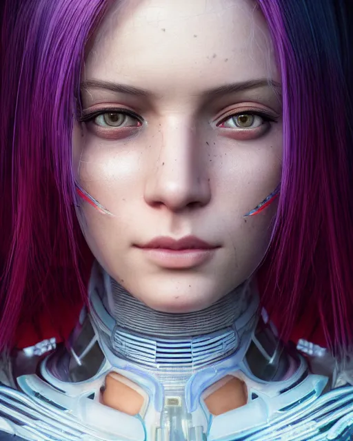 Image similar to a portrait of a beautiful 28th century cyberpunk female very young with long hair, largely biomechanical, hyper-realistic, very detailed unreal engine, by Artgerm, WLOP and Ross Thran, dramatic cinematic lighting rendered by octane, 8k, detailed, trending on artstation, deviantart, google images, pinterest