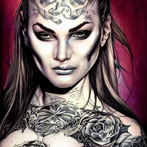 Image similar to a beautiful portrait of a heavily tattooed woman Travis Charest style